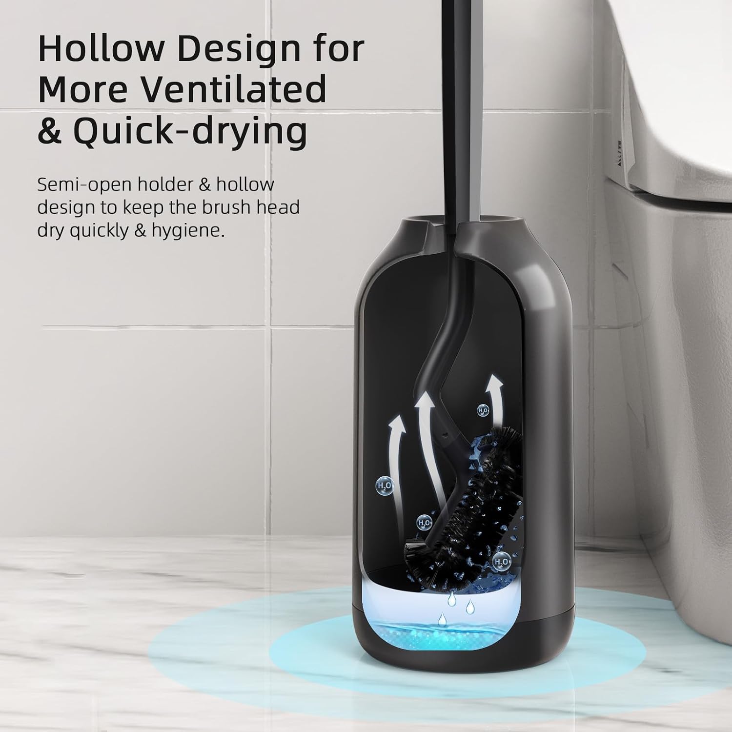 Detalle de HAMITOR Toilet Bowl Brush Holder Set, S-Shaped Head, Long Handle, Black