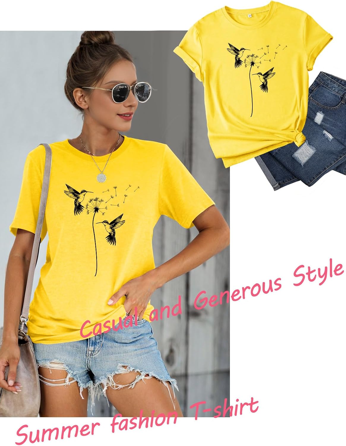 Detalle 2 de WIEIYM Women's Dandelion Bird Printed T-Shirt – Casual Summer Top