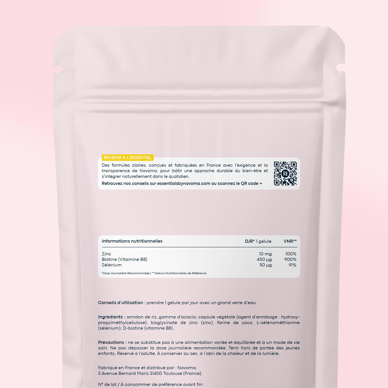 Detalle de NOVOMA Essentials – Biotine avec Sélénium et Zinc (B8) pour accélérer la pousse des cheveux, cure de 2 mois, 60 gélules végétales