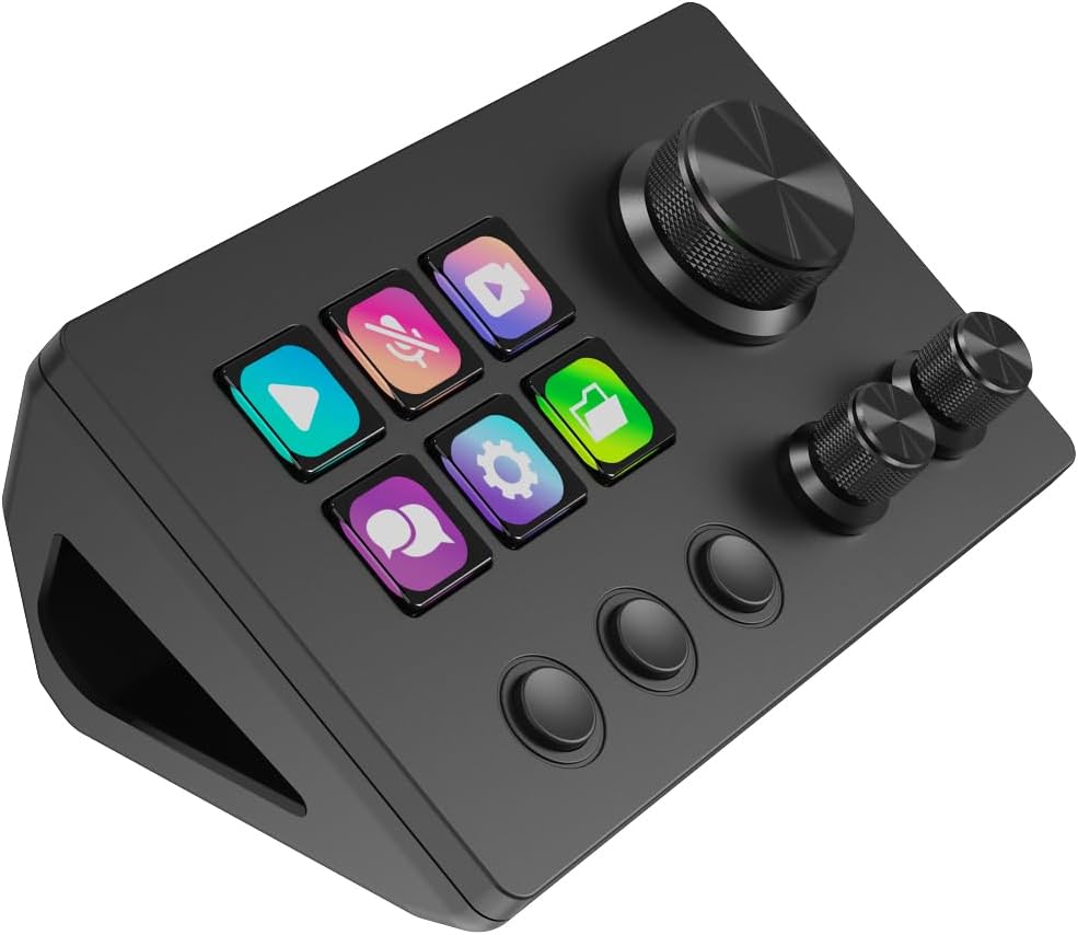 Detalle de Basicolor N3 Stream Controller Deck con 6 tasti macro LCD, 3 manopole e pulsanti per cambio scena