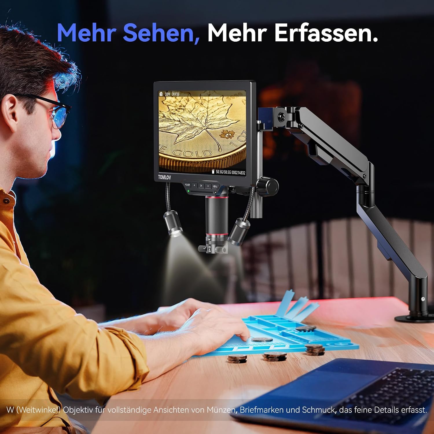 Detalle de TOMLOV TM3K-3D HDMI Digitalmikroskop mit magnetischen Dual-Linsen – 3K Video, 38MP Fotos, 7" IPS Display