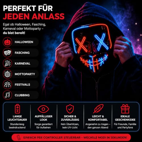 Thumbnail 6 de TK Gruppe Timo Klingler LED Scary Mask Red & Blue Mix, maschera horror con luci regolabili