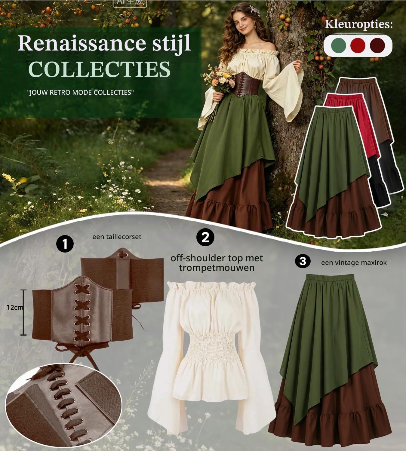 Thumbnail 6 de Kasahara middeleeuws dameskostuum, 5-delige set met off-shoulderblouse en maxi-jurk