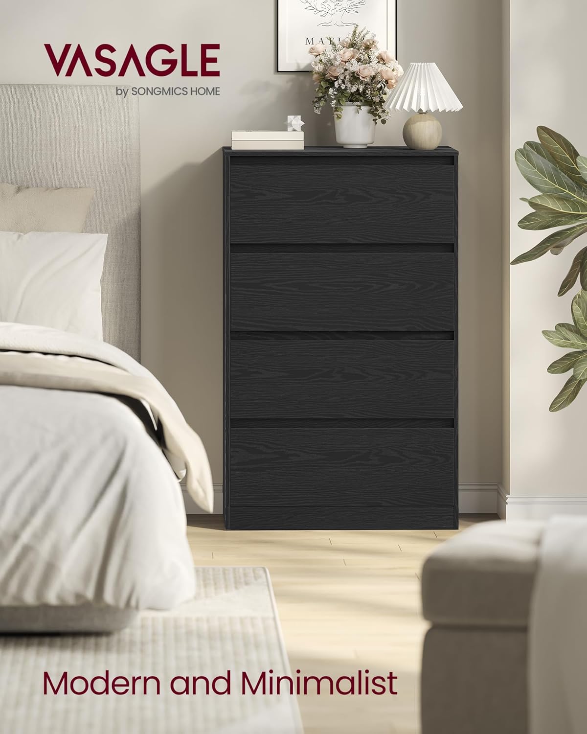 Detalle 2 de VASAGLE KAILYN LTS614BE05 4-drawer chest of drawers in ebony black (40 x 60 x 97.4 cm)