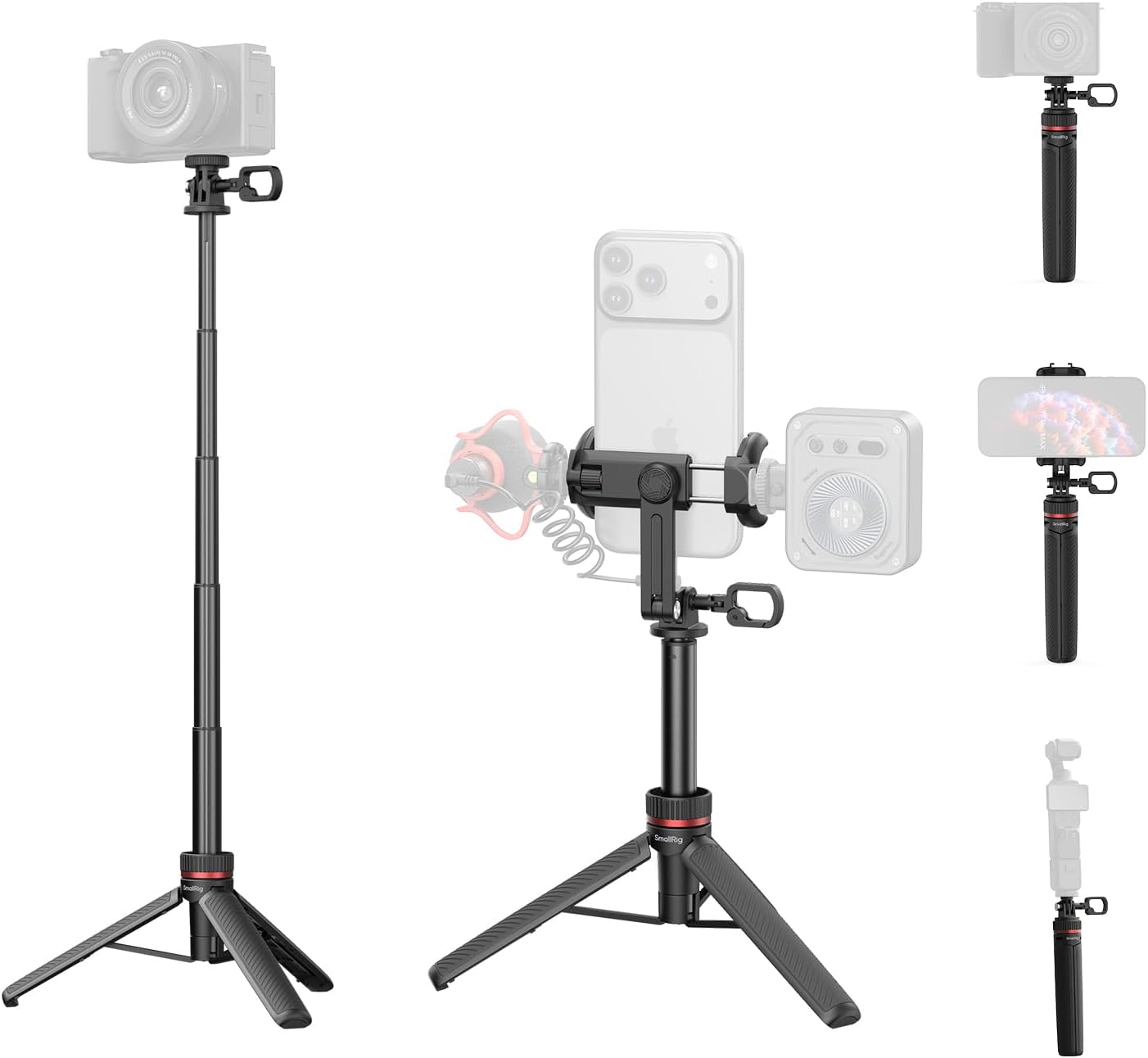 Detalle de SMALLRIG VT-17 3-in-1 reisstatief met telefoonhouder en karabijnhaak