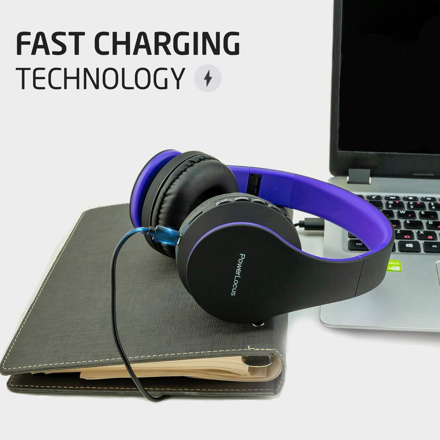 Detalle de PowerLocus Wireless Bluetooth Over-Ear Headphones (Purple) – Foldable, with Case