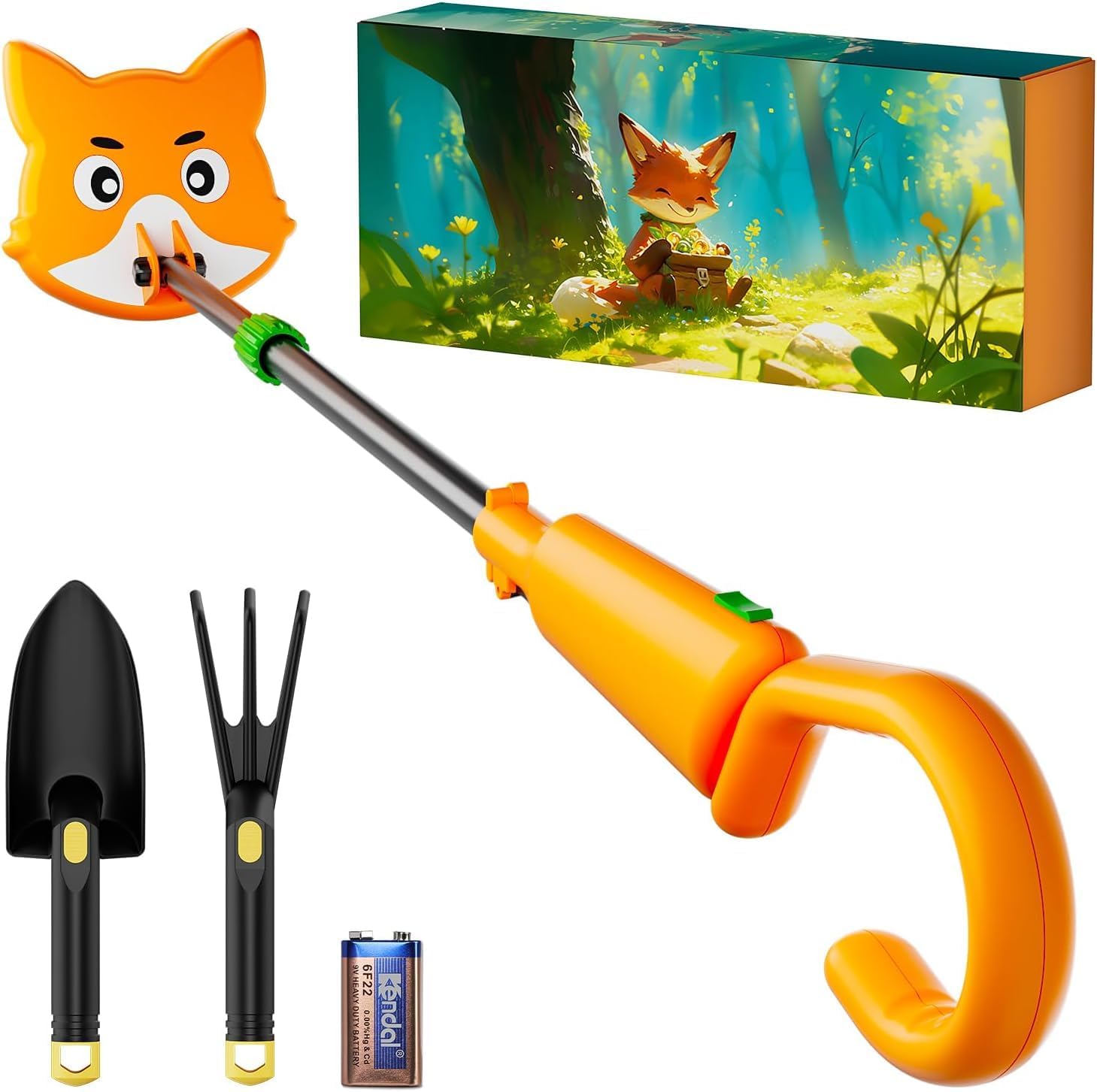 Kinder-Metallldetektor OKESAM mit einstellbarem Schaft (30–38 Zoll), Suchspule mit Fuchs-Motiv, Set mit Schaufel und Rechen