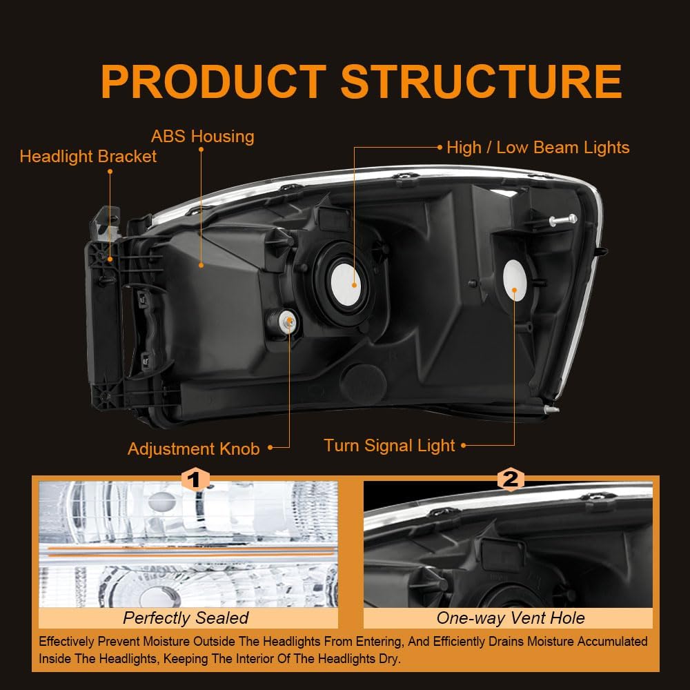Thumbnail 2 de DimFlux LED Headlight Assembly for 2006-2009 Dodge Ram 1500/2500/3500 (Halogen models only) - Black housing with Amber Reflector