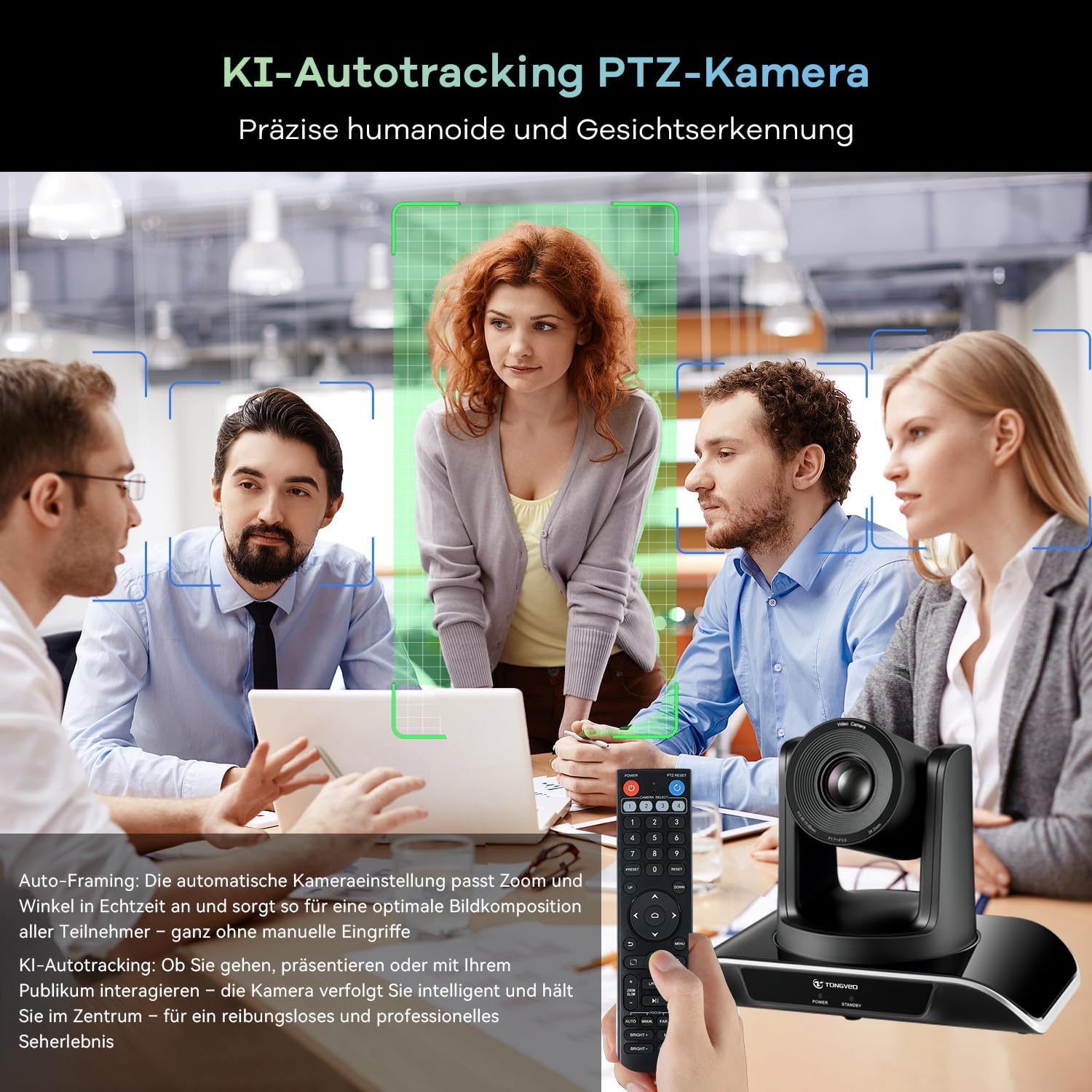 Detalle 2 de TONGVEO KI-Autotracking Konferenzraum-Kamera-System mit Bluetooth-Freisprechmikrofon, 1080p/60 fps und 3x optischem Zoom