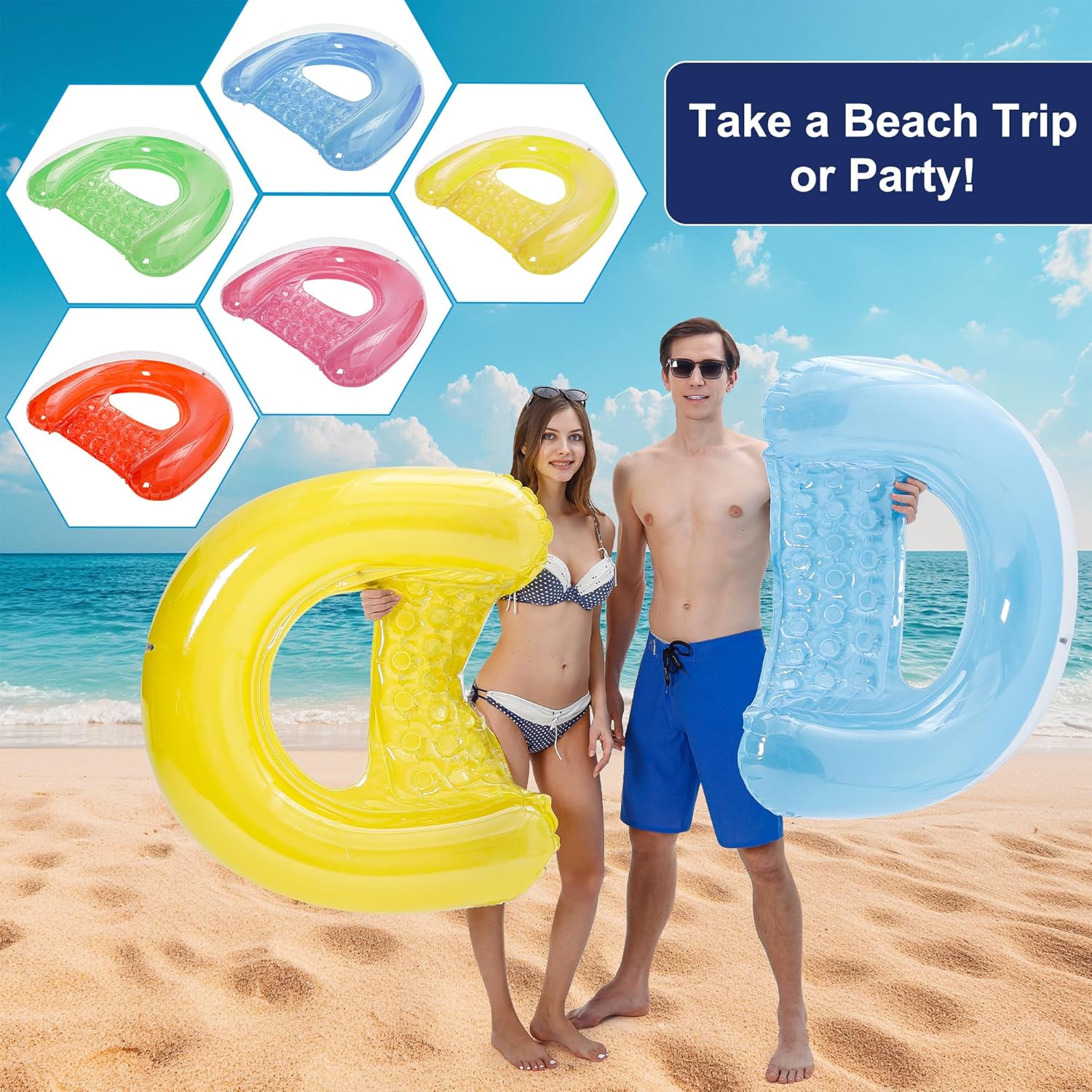 Detalle 2 de PuppyuWill 3-Pack Adult Pool Float Chair Loungers (52 x 38 in) — Minimalist U-Shaped Inflatable Pool Floats