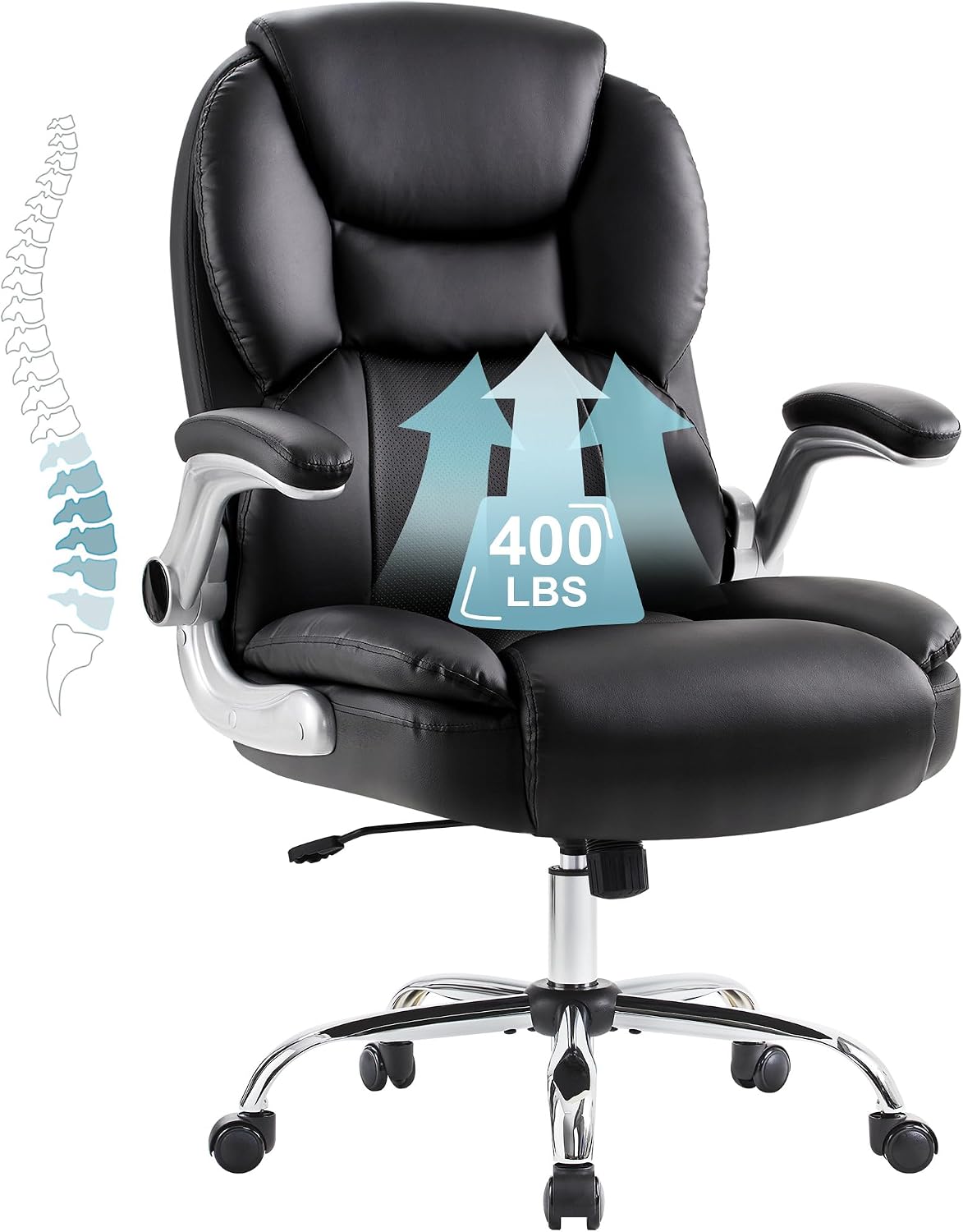 Detalle de IWMH Großer und hoher Bürostuhl 180KG – Ergonomischer Chefsessel mit klappbaren Armlehnen, höhenverstellbar und 360° Rollen
