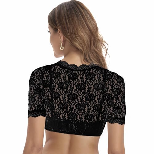 Detalle de Adisno Dirndl Bluse Damen – Spitze, tiefer V-Ausschnitt, Schwarz