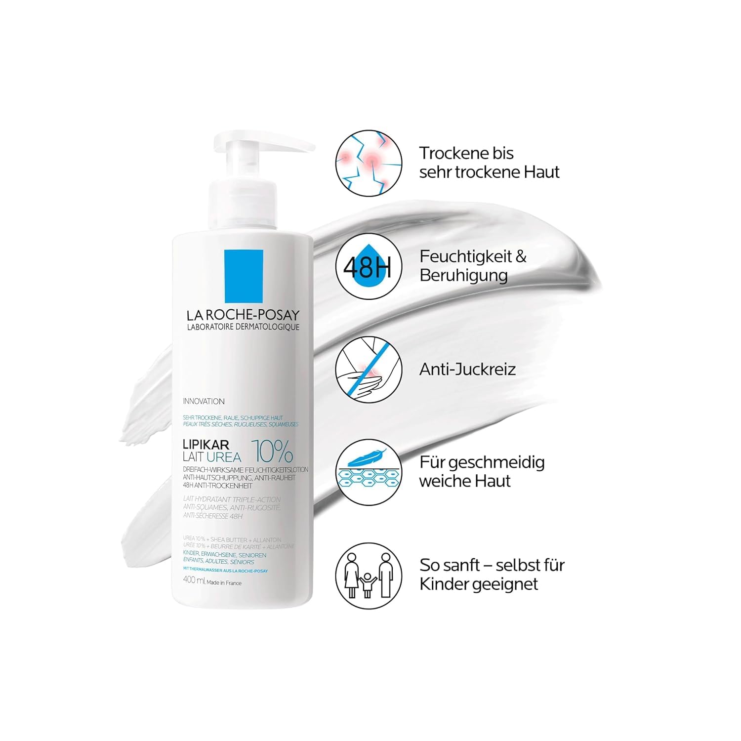 Detalle de La Roche Posay Lipikar Lait Urea 10% – Feuchtigkeitsspendende Körperlotion für sehr trockene Haut (400 ml)
