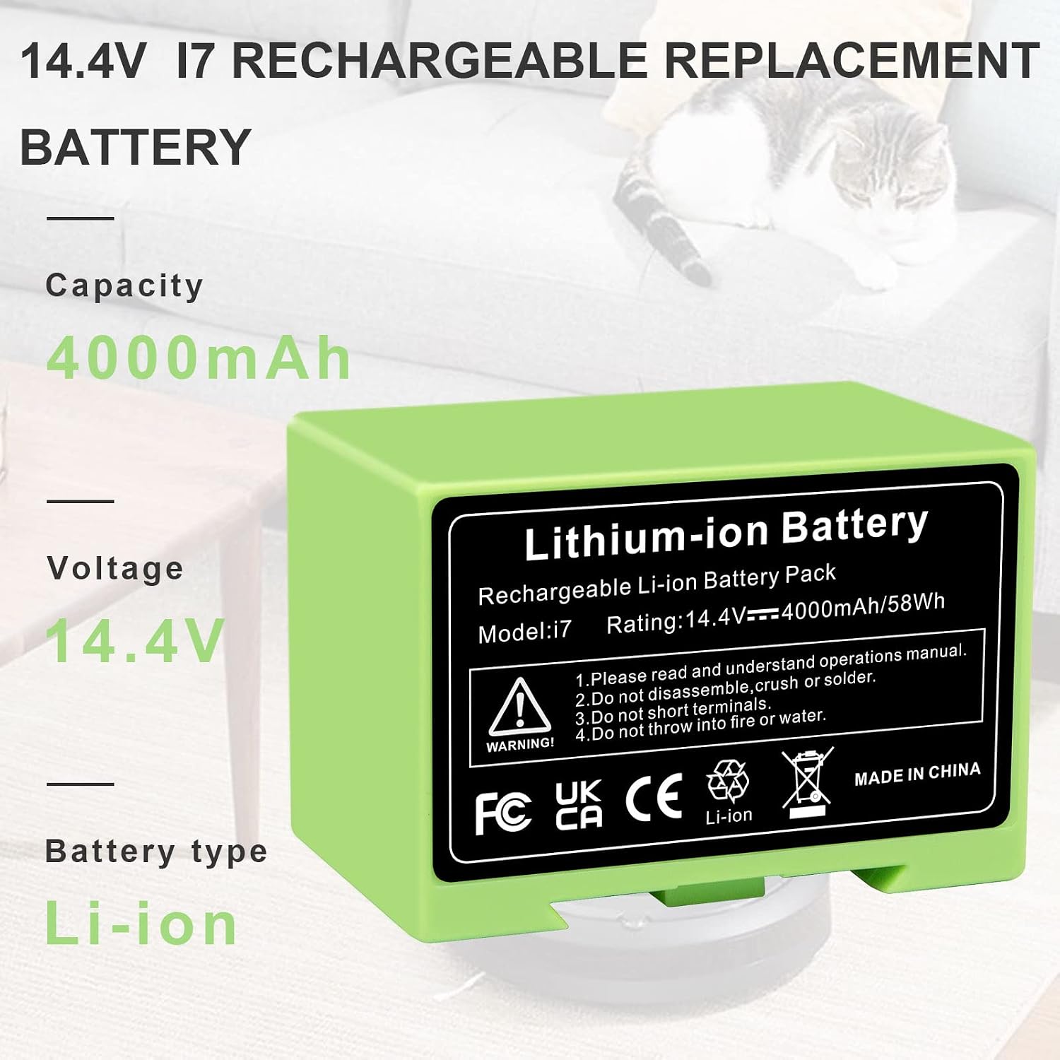 Detalle de ASUNCELL Ersatzakku für i7, Li-ion-accu 14,4 V en 4000 mAh voor Roomba