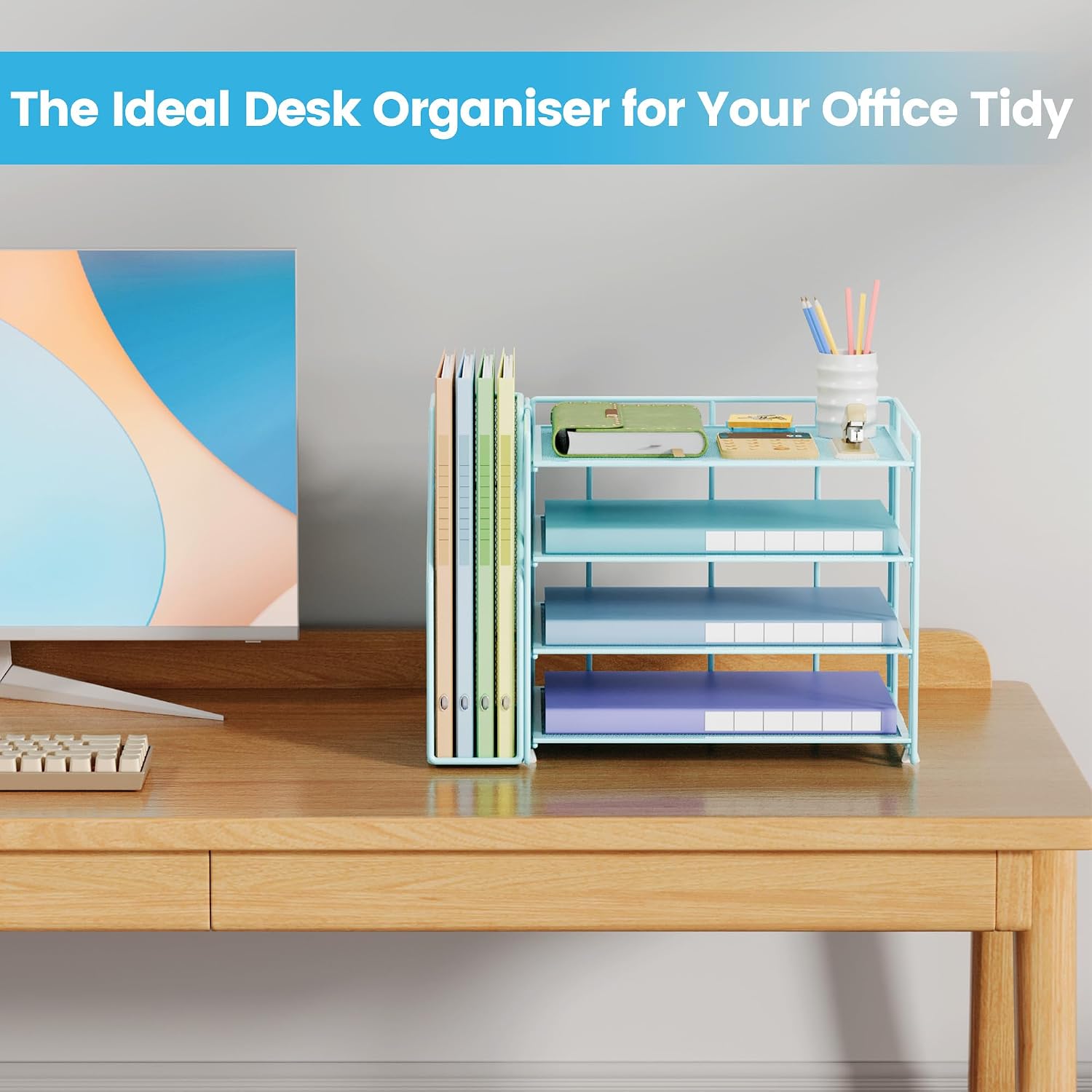 Detalle 1 de SUBEKYU Office Paper Organizer with File Holder, 4-Tier Metal Mesh Desk Organiser, Blue