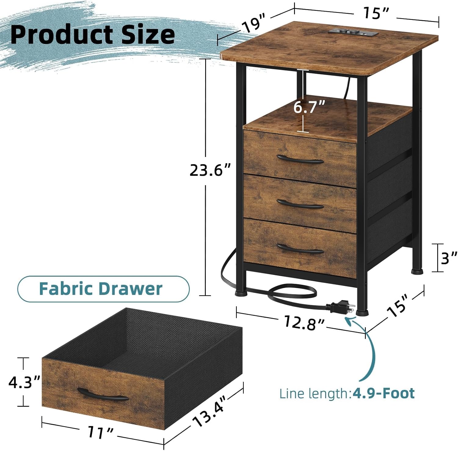 Detalle de GYIIYUO Nightstand with 3 Fabric Drawers, Charging Station, Rustic Brown
