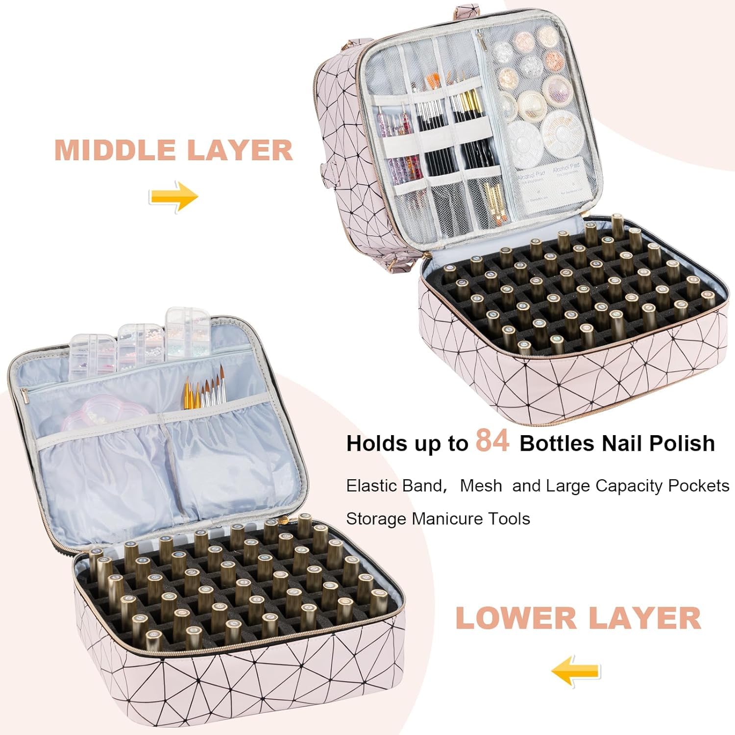 Detalle de Uross Nagellack Organizer für 84 Nagellackflaschen & 1 LED-Nagellampe (rosa) – Aufbewahrungstasche für Nail-Design-Zubehör