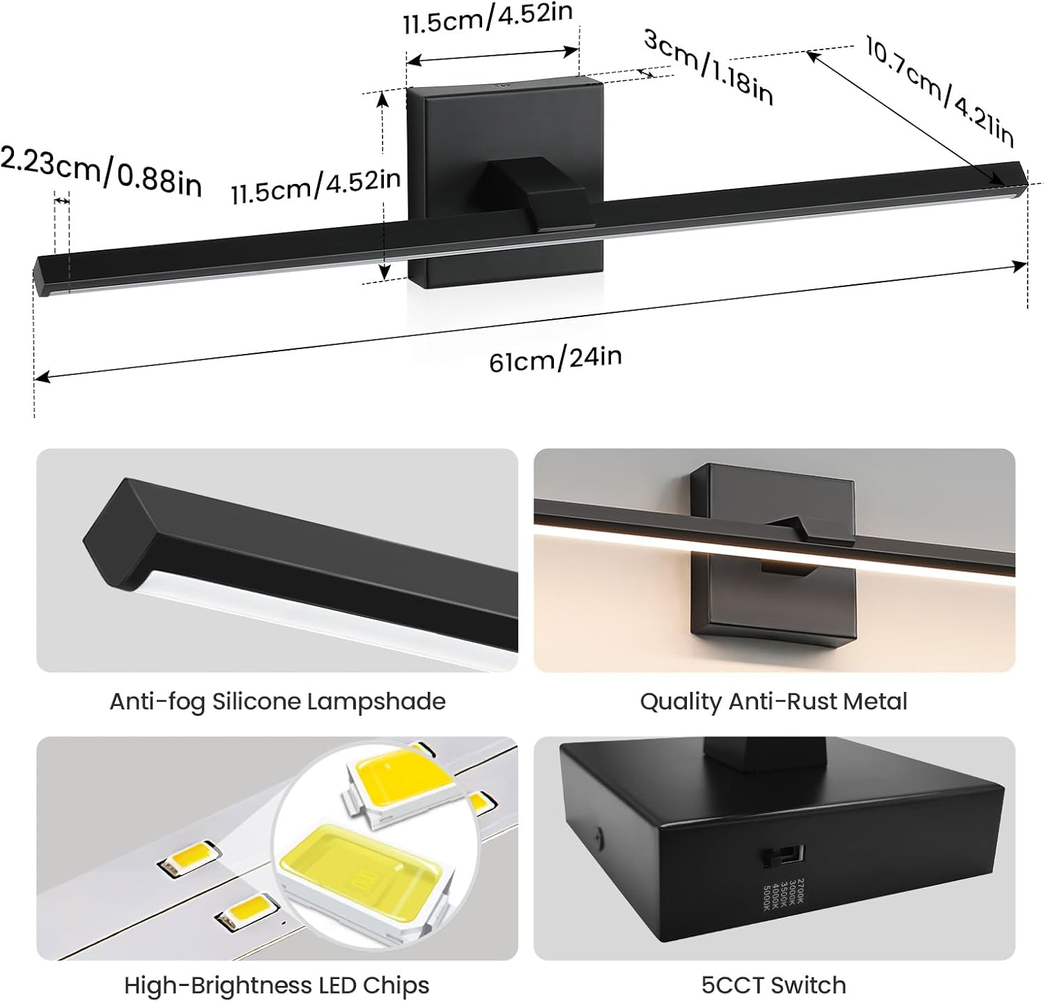 Detalle de CCYCOL 8096WL-24 24-Inch LED Bathroom Vanity Light, Dimmable, 5CCT