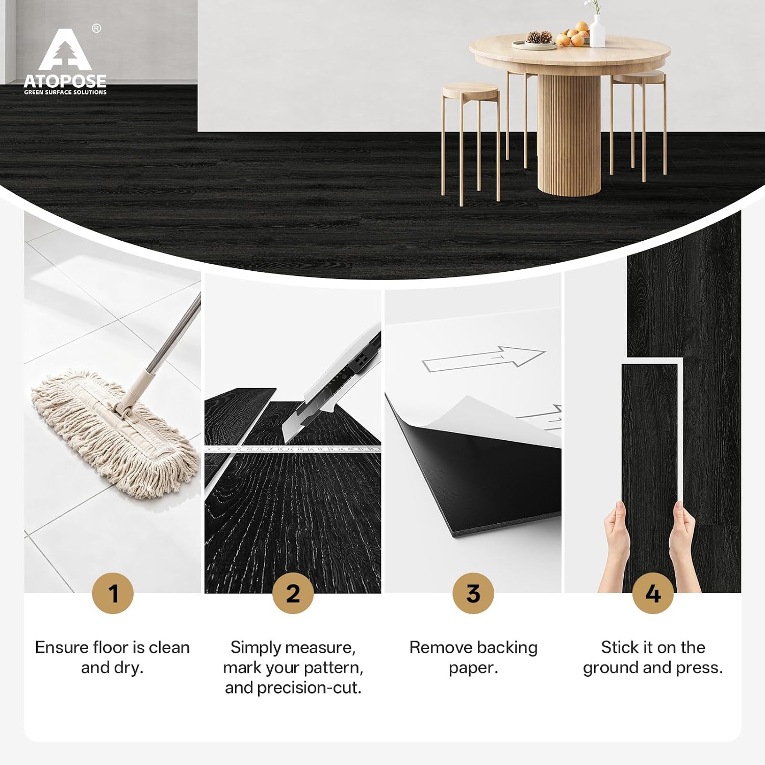 Detalle 2 de ATOPOSE Black Self-Adhesive Vinyl Flooring – 36 Plank Pack in Nero (Wood Look)