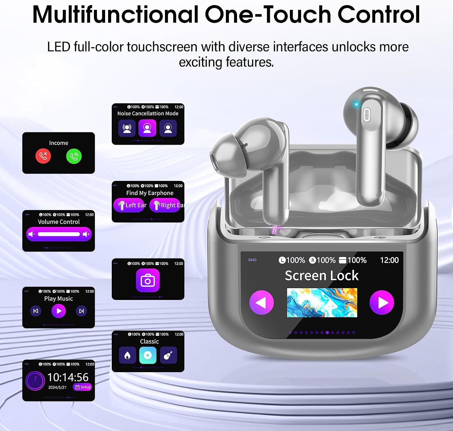 Detalle 2 de QXUFV Wireless Earbuds with Smart Touch Screen, ANC, Bluetooth 5.4, IP7, 40H Playtime