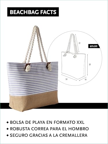 Detalle 2 de DonDon Bolso de playa grande Rayas azul claro: espacioso, resistente y con bolsillo interior