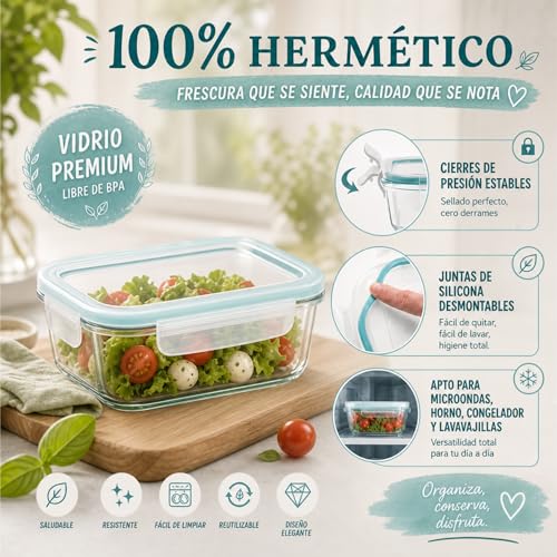 Detalle de edihome Recipientes de Cristal para alimentos, 14 piezas: set hermético con tapas y borosilicato, apto lavavajillas, congelador y microondas