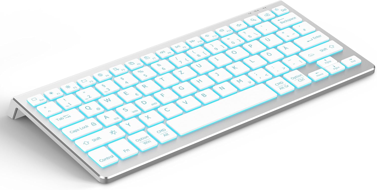 Detalle de Bluetooth Deutsche Tastatur von CACOE – kompatibel mit iPad A16/10, iPad Air/Pro sowie iOS, Android, Windows (3 BT-Kanäle, silber, 7 Farben)