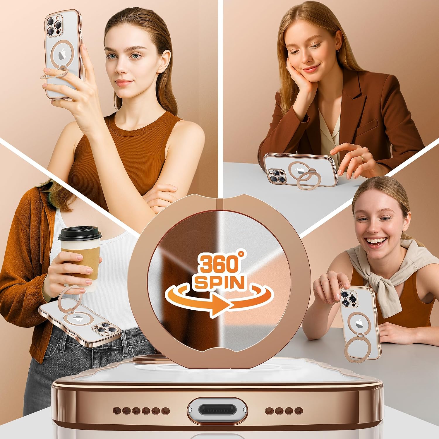 Detalle 2 de GOLBINBOX for iPhone 15 Pro Case with 360° Magnetic Stand Ring (MagSafe, Military Protection) - Rose Gold/Clear