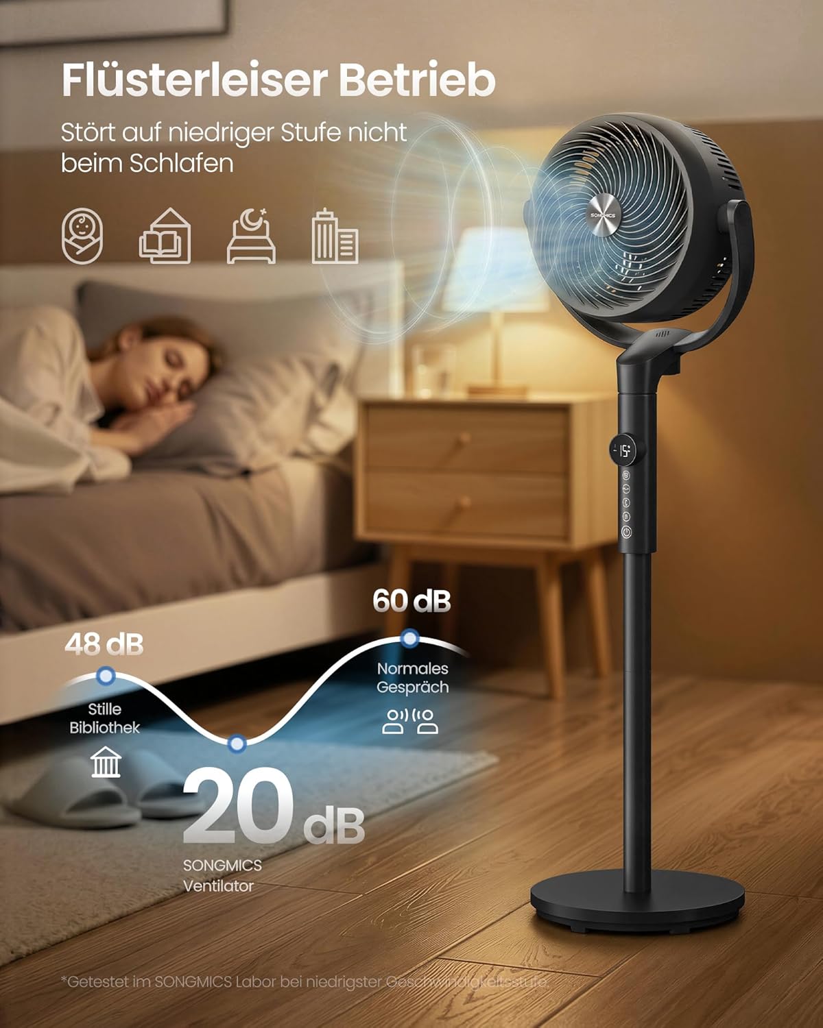 Detalle de SONGMICS Standventilator XFC002B1EU – leise, höhenverstellbar, 360° Luftzirkulation
