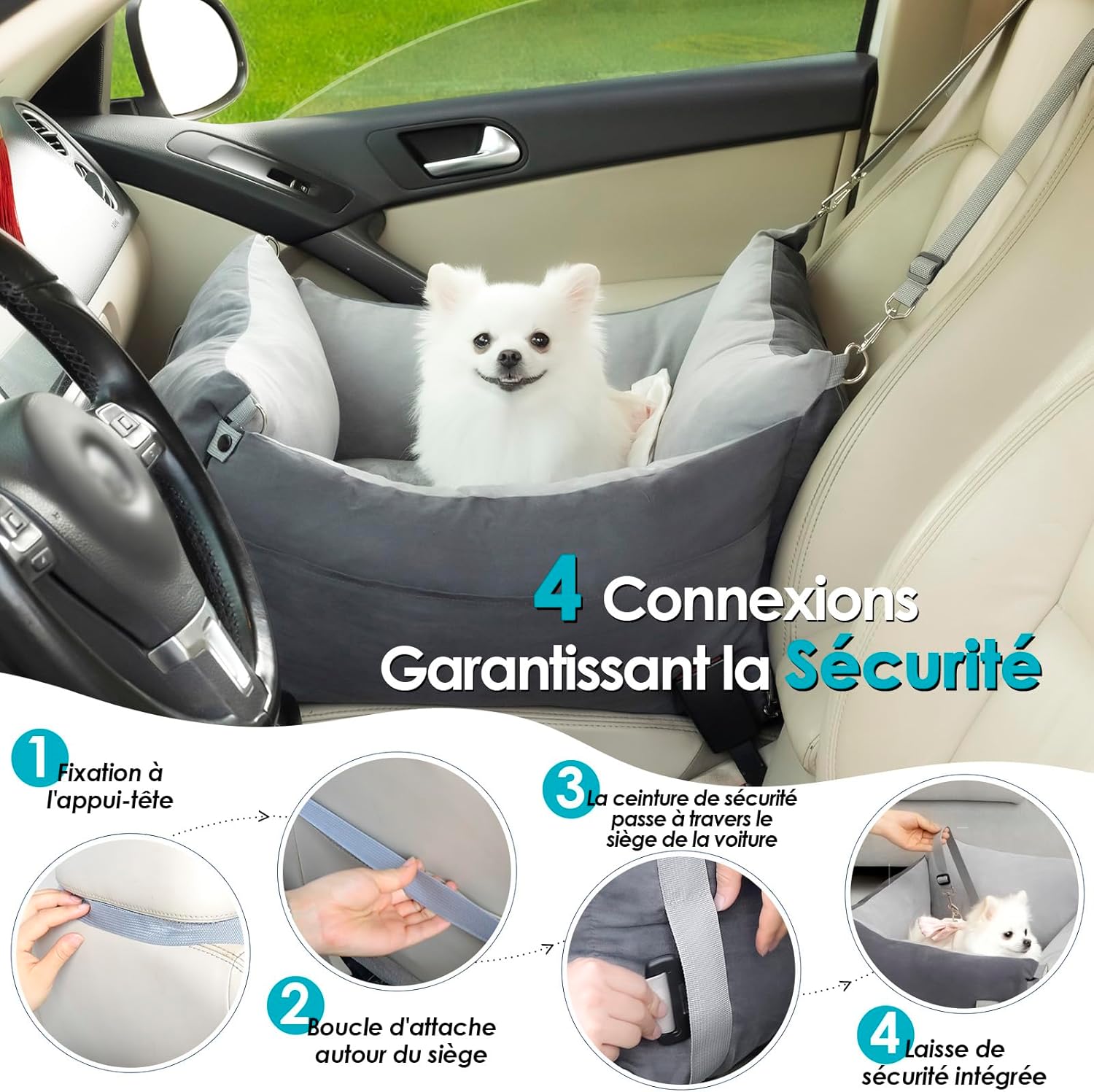 Thumbnail 4 de Siège auto chien portable Siege Auto Chien Voiture (moins de 15 kg) avec aire de repos extensible et clips de sécurité