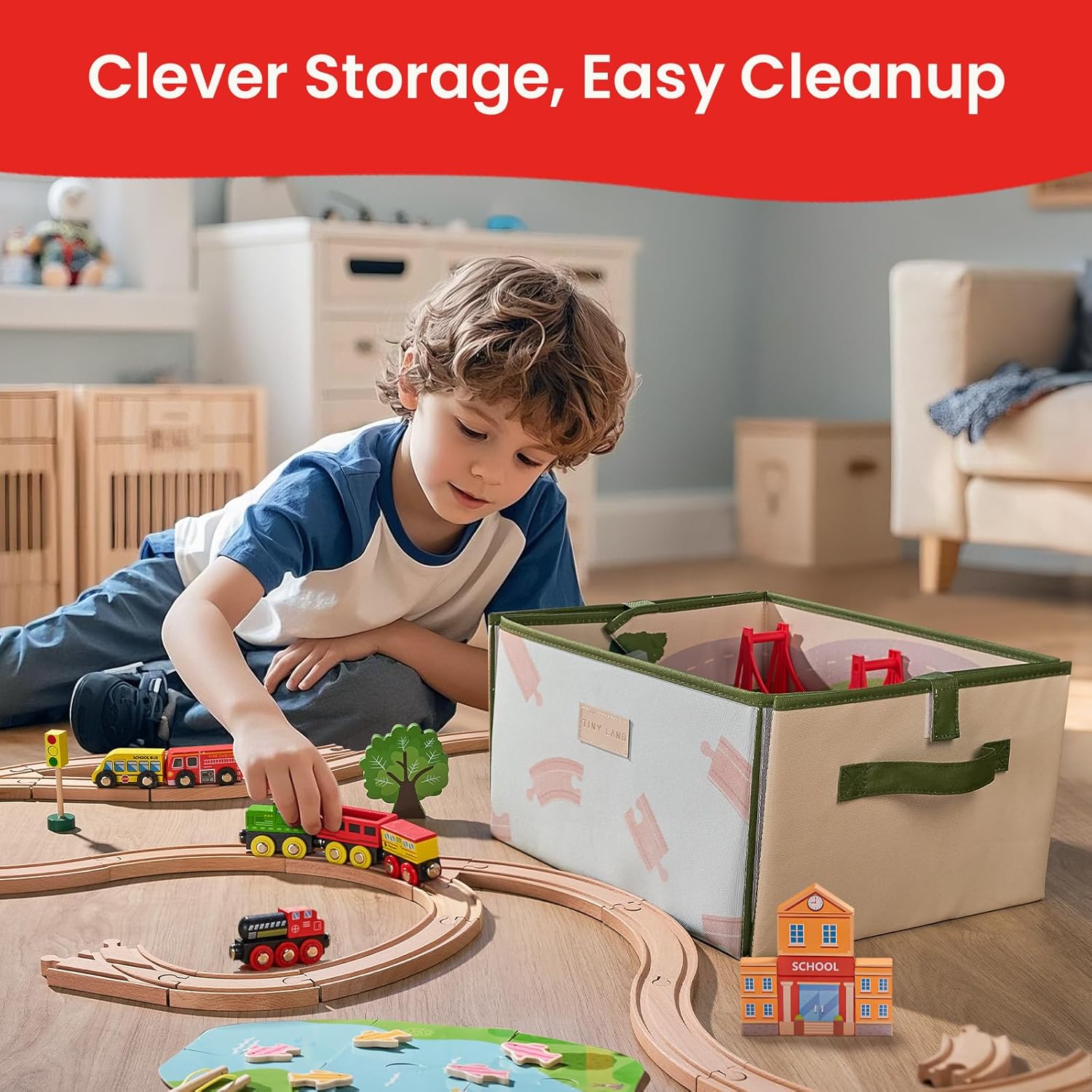 Thumbnail 1 de Tiny Land 110pcs Wooden Train Set with Storage Box