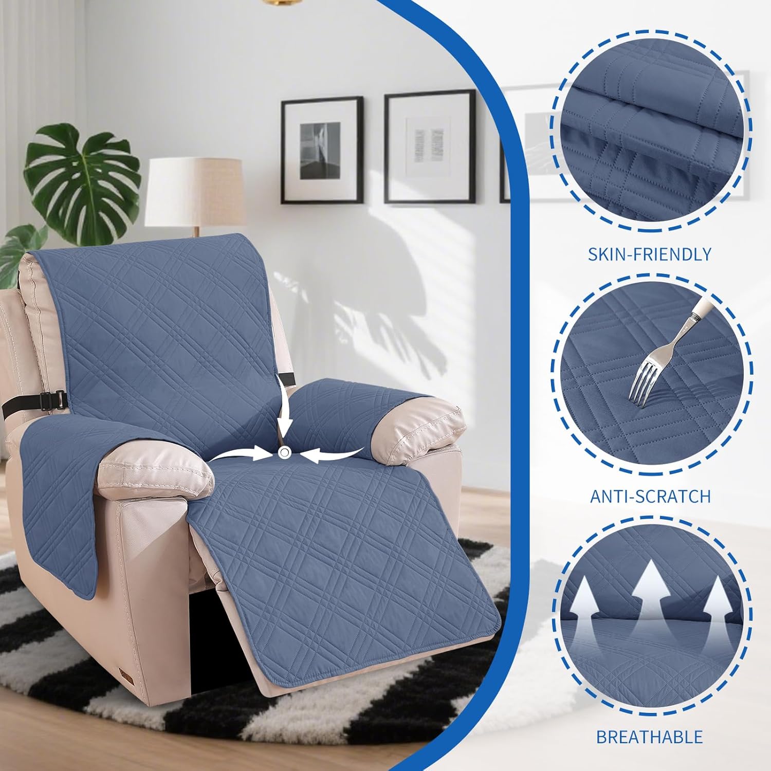 Detalle de Housse de Fauteuil Relax Ystyle, Réversible et Anti-Dérapante – 1 Place, Gris-Bleu / Gris Clair