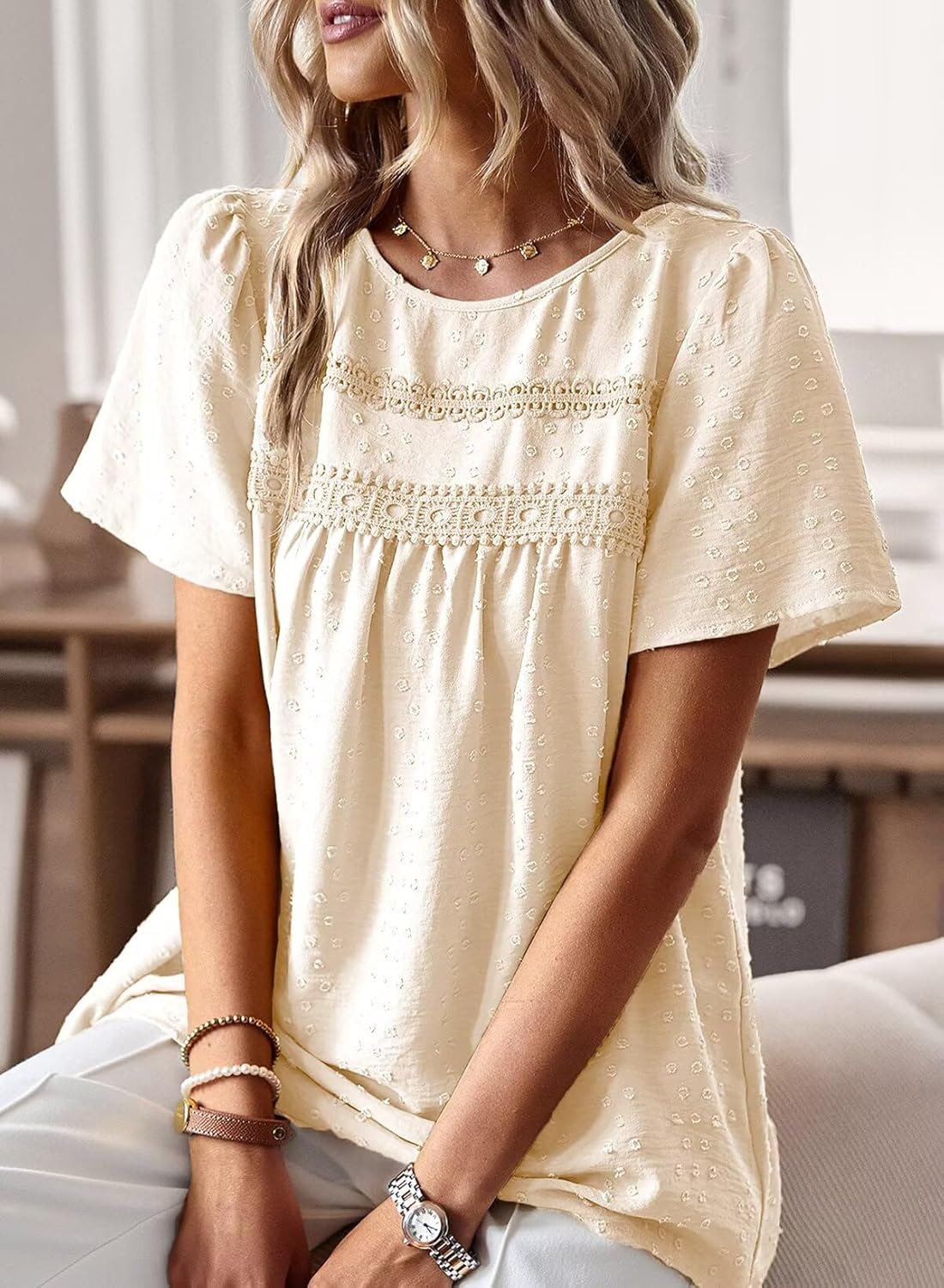 Thumbnail 1 de TUUHAW Damen Sommer-Bluse im Boho-Stil mit Rundhalsausschnitt und Häkelspitzenrändern
