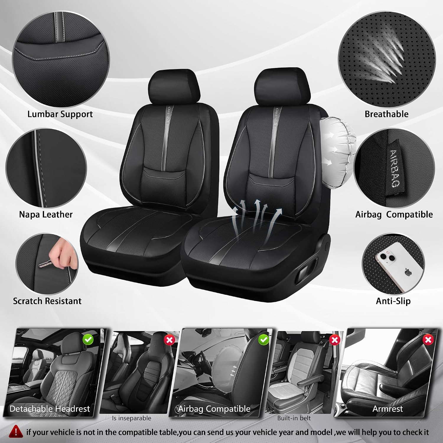 Detalle 2 de CAR PASS Nappa Leather Front Seat Covers — Universal 2 pcs
