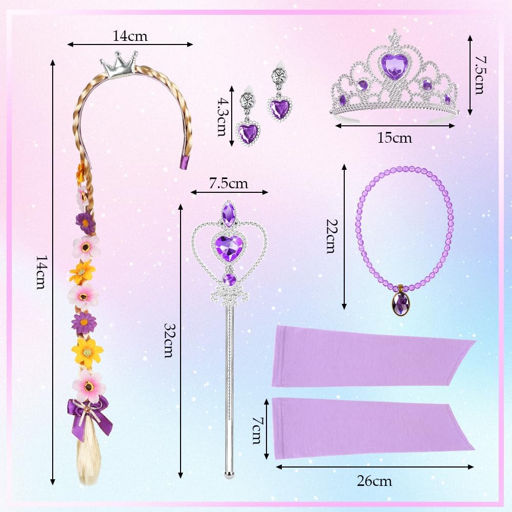 Detalle de AOOWU Prinzessin Kleid für Mädchen „Rapunzel“ (lila) inkl. Krone, Perücke & Zauberstab – Karneval, Halloween, Geburtstag