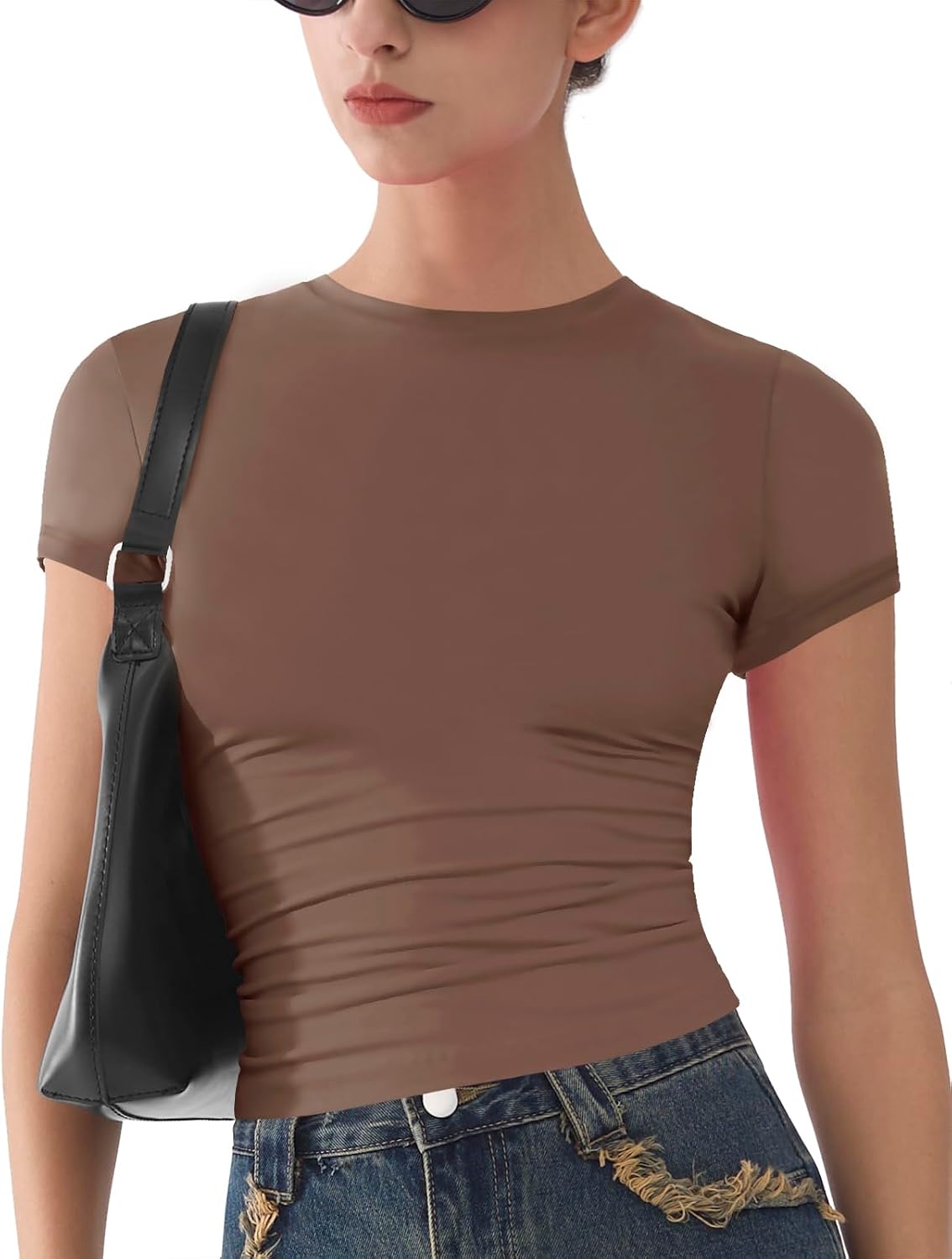 Detalle de Kurzarm Damen T-Shirts Rundhals Sommer Basic Eng Y2K Tops – Einfarbig, XS–XXL