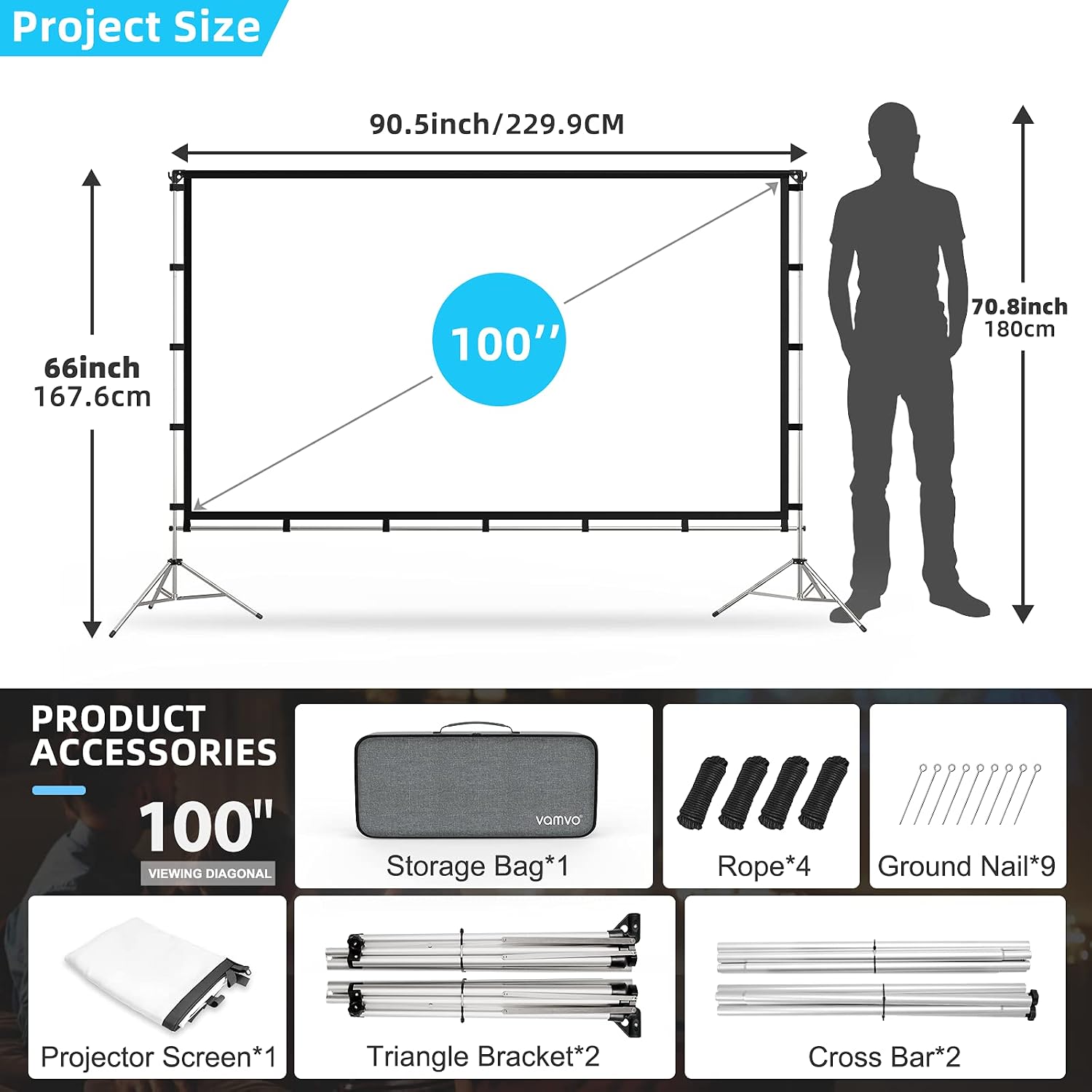 Thumbnail 4 de Vamvo 100 Inch Projector Screen with Stand