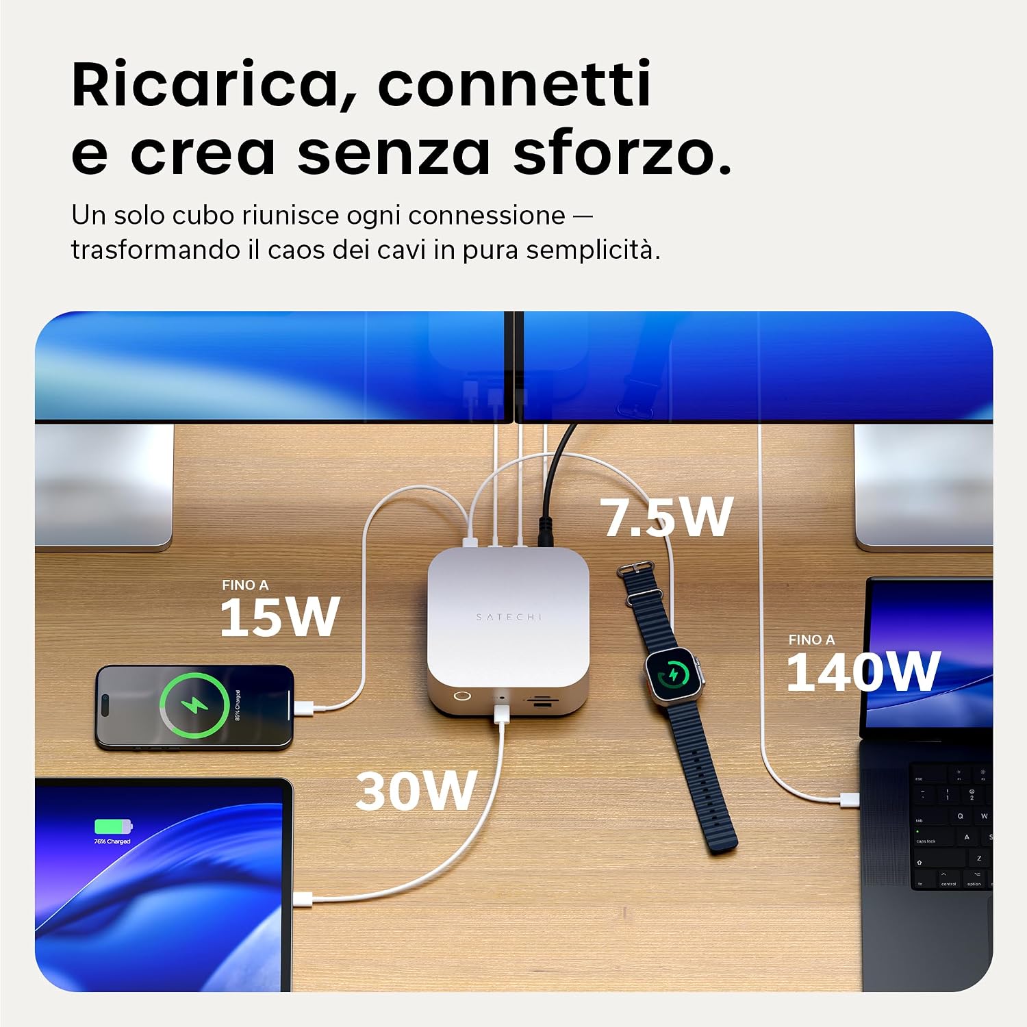Detalle de SATECHI Thunderbolt 5 CubeDock: docking station 13 in 1 con raffreddamento attivo e supporto multi-schermo fino a 8K