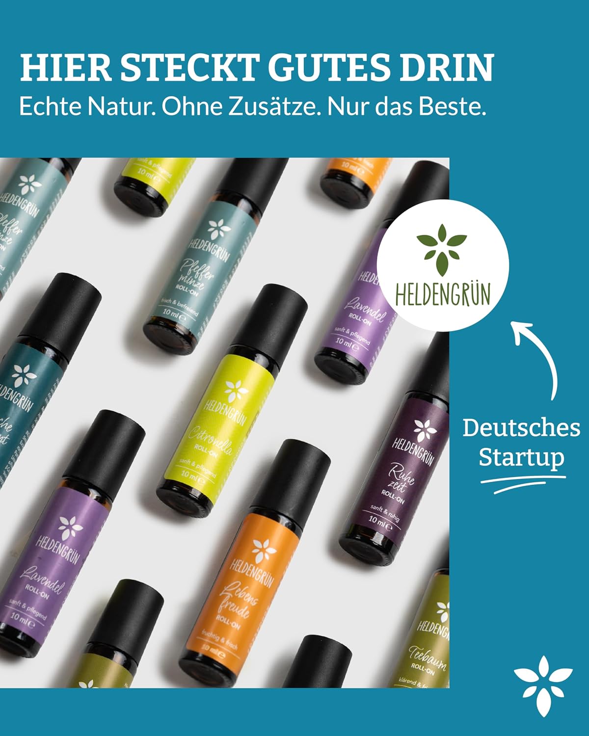 Detalle 2 de Heldengrün® BIO Roll-On „Frischemoment“ – Konzentration & Fokus mit Bio-Pfefferminze, Eukalyptus, Rosmarin und Zitrone
