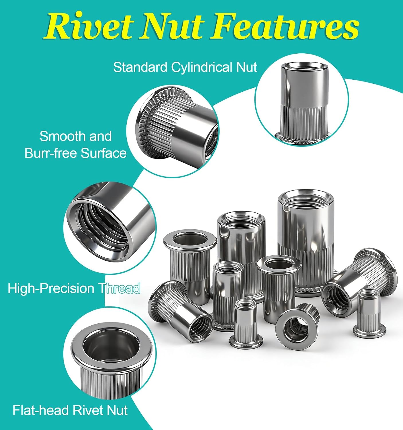 Thumbnail 2 de Moosswee 60 Pcs M6 Rivet Nuts – 304 Stainless Steel Flat Head Rivnuts