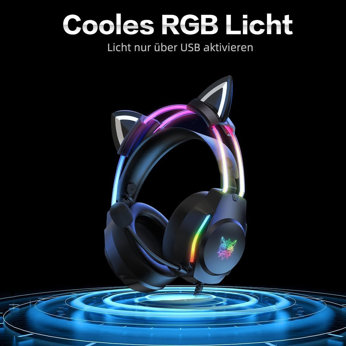 Thumbnail 2 de ONITOON Gaming-Headset mit Katzenohren & Mikrofon – RGB-Regenbogen, 7.1 Virtual Surround und 3,5-mm-Kabel