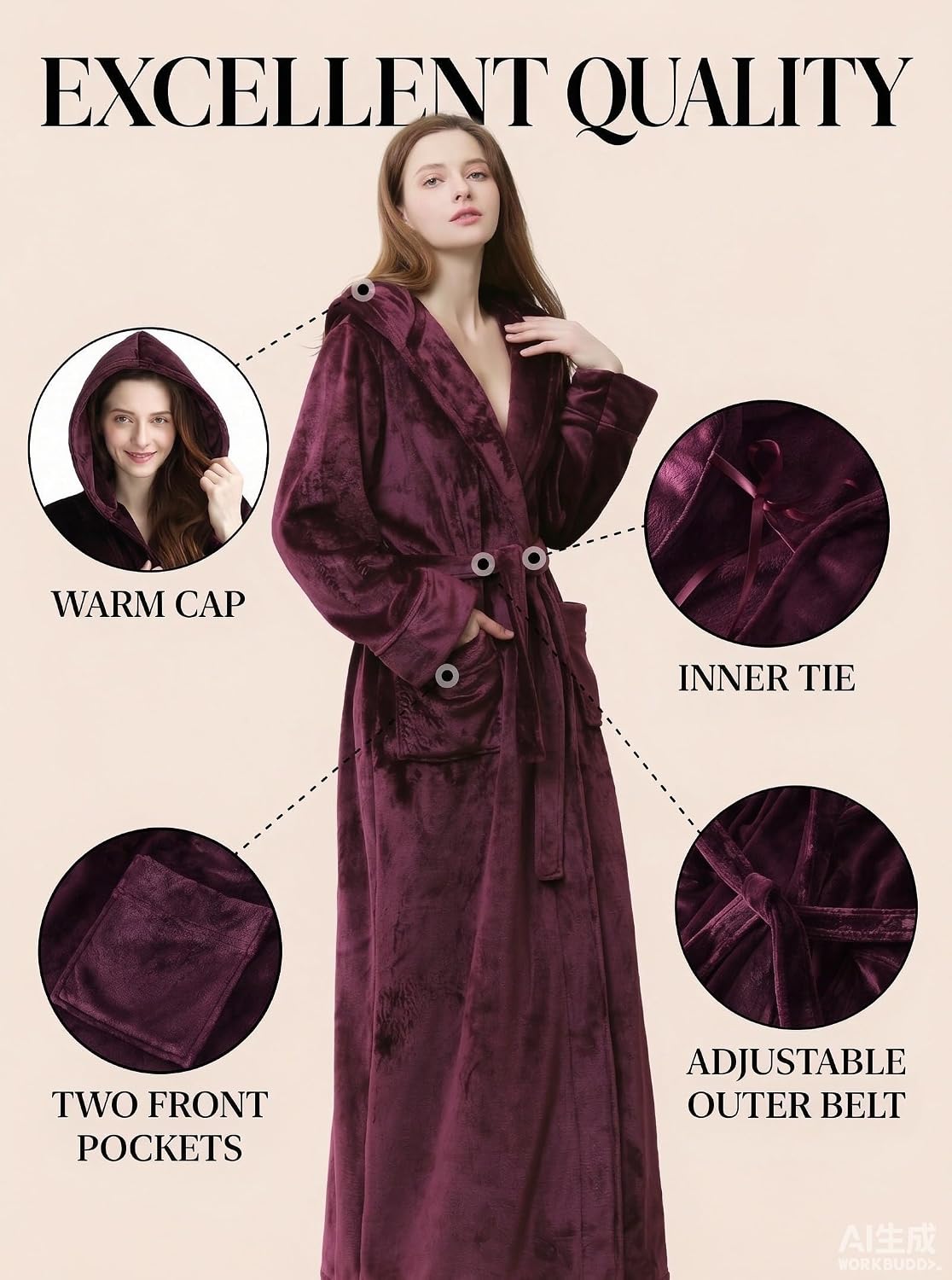 Detalle 2 de Hellomamma HEA81706-W Long Hooded Flannel Fleece Bathrobe with Belt and Pockets