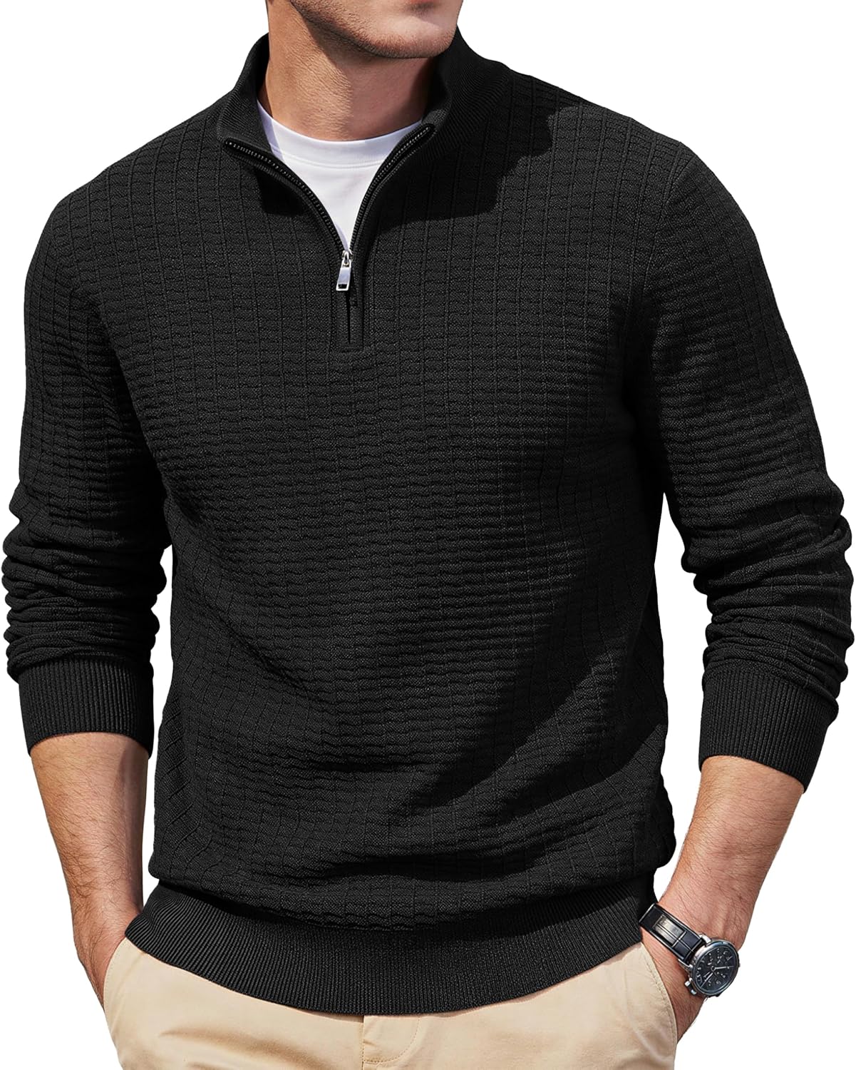 Detalle de TACVASEN Men's Quarter-Zip Textured Knit Mock-Neck Sweater