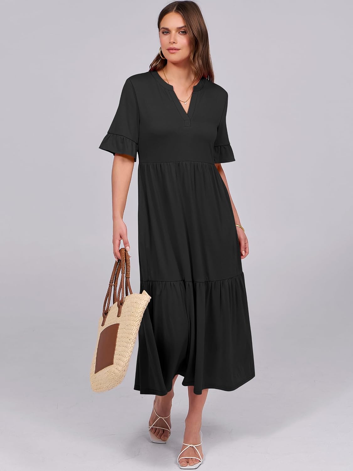 Detalle de ANRABESS Women's Summer Maxi Dress: Boho-Chic Tiered V-Neck with Pockets