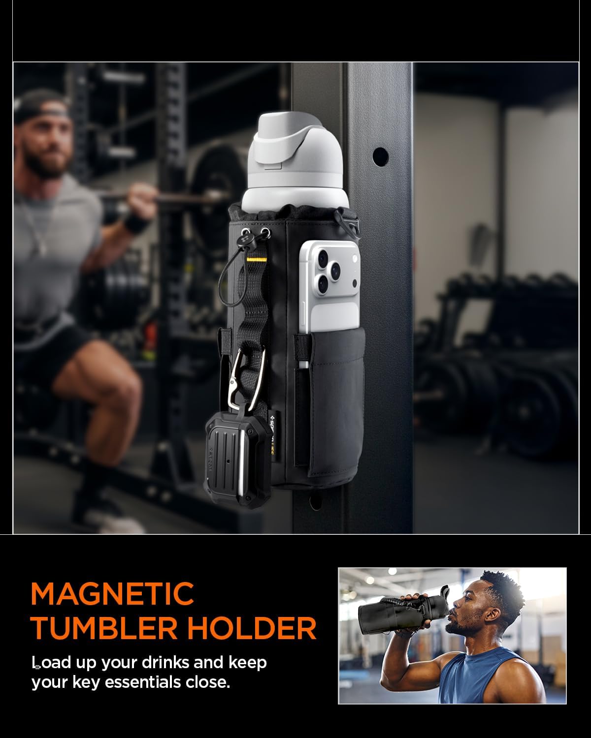 Detalle 2 de Sac-Bouteille Sport magnétique Spigen Life LF500 (20-40 oz) avec compartiment téléphone et bandoulière – Noir