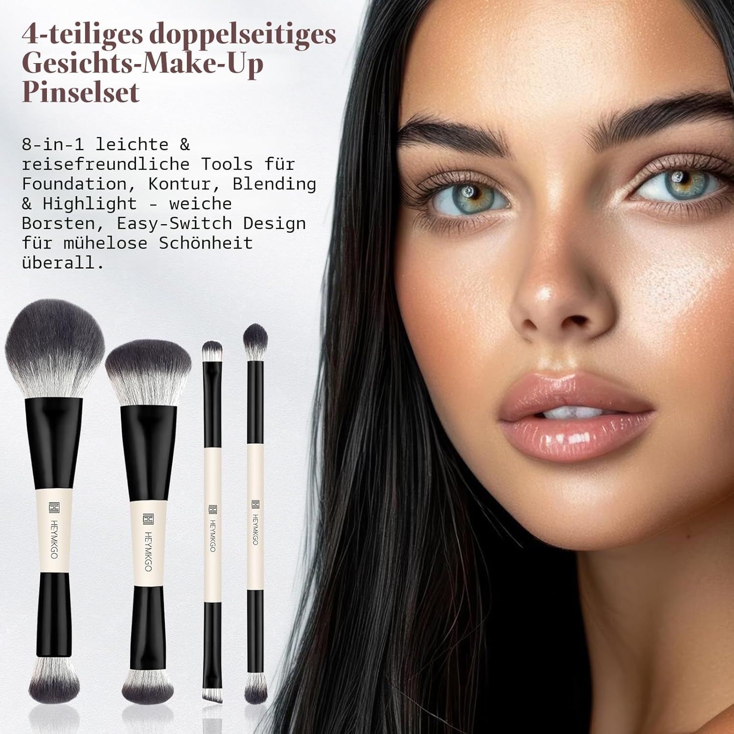 Detalle de HEYMKGO 4er-Set Foundation-Pinsel Dual-Ended: Kontur-/Abdeckpinsel für Flüssig-, Creme- und Puder-Make-up, Schwarz (Reise-Set)