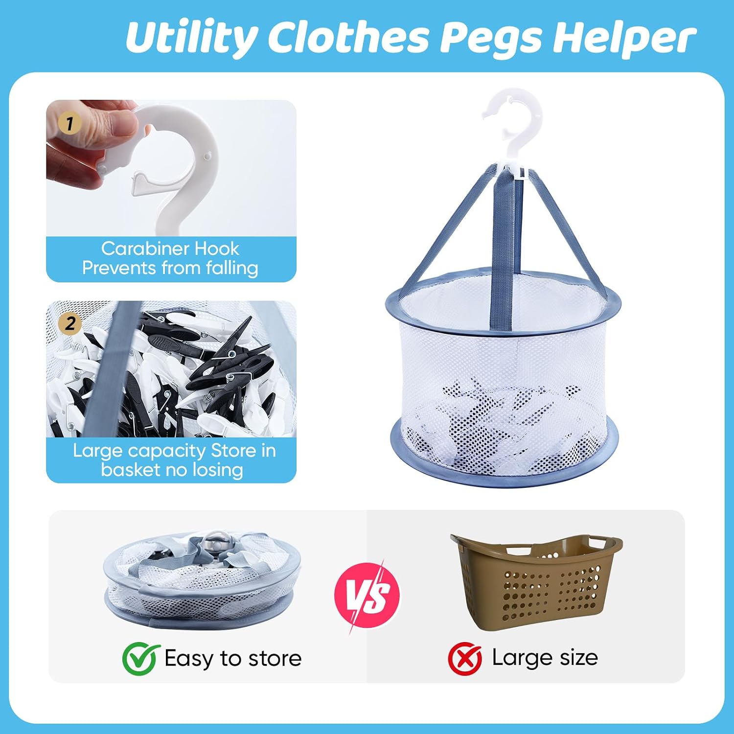 Detalle de KEYBOO 48 Pcs Clothes Pegs with Bag for Washing Line – Strong Plastic Pegs in Black & White with Mesh Basket
