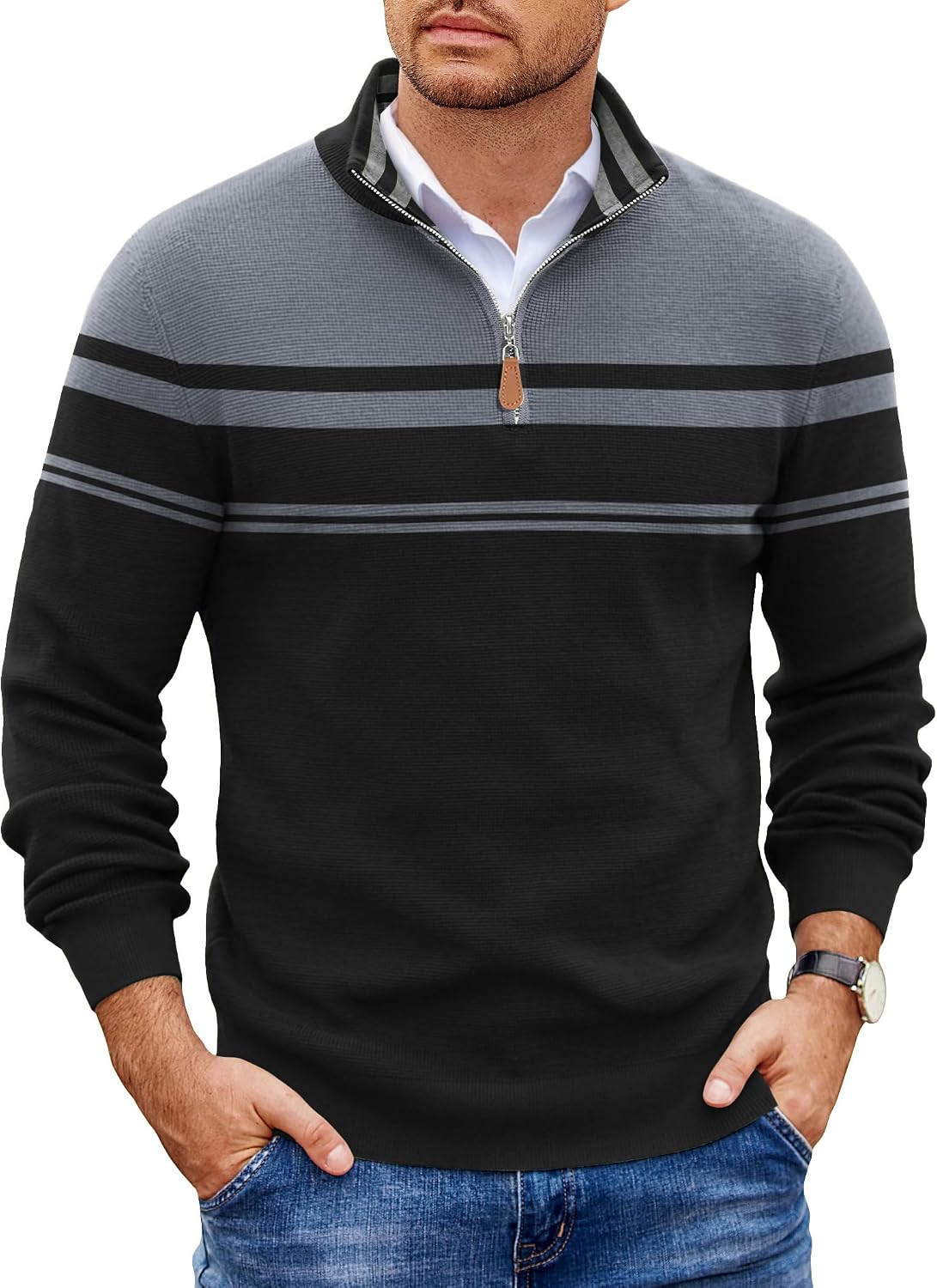 Detalle de COOFANDY Men's Quarter-Zip Knit Sweater
