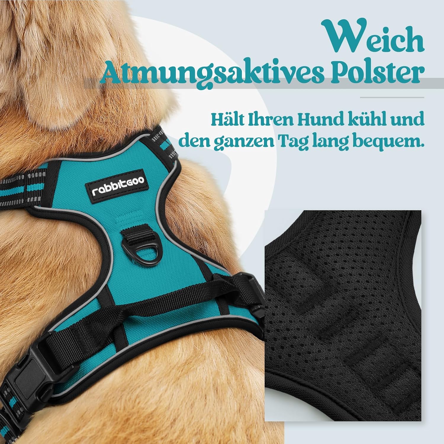 Detalle de rabbitgoo Hundegeschirr Größe L – Anti-Zug, verstellbar mit Reflexstreifen und Kontrolle (blaugrün, L)
