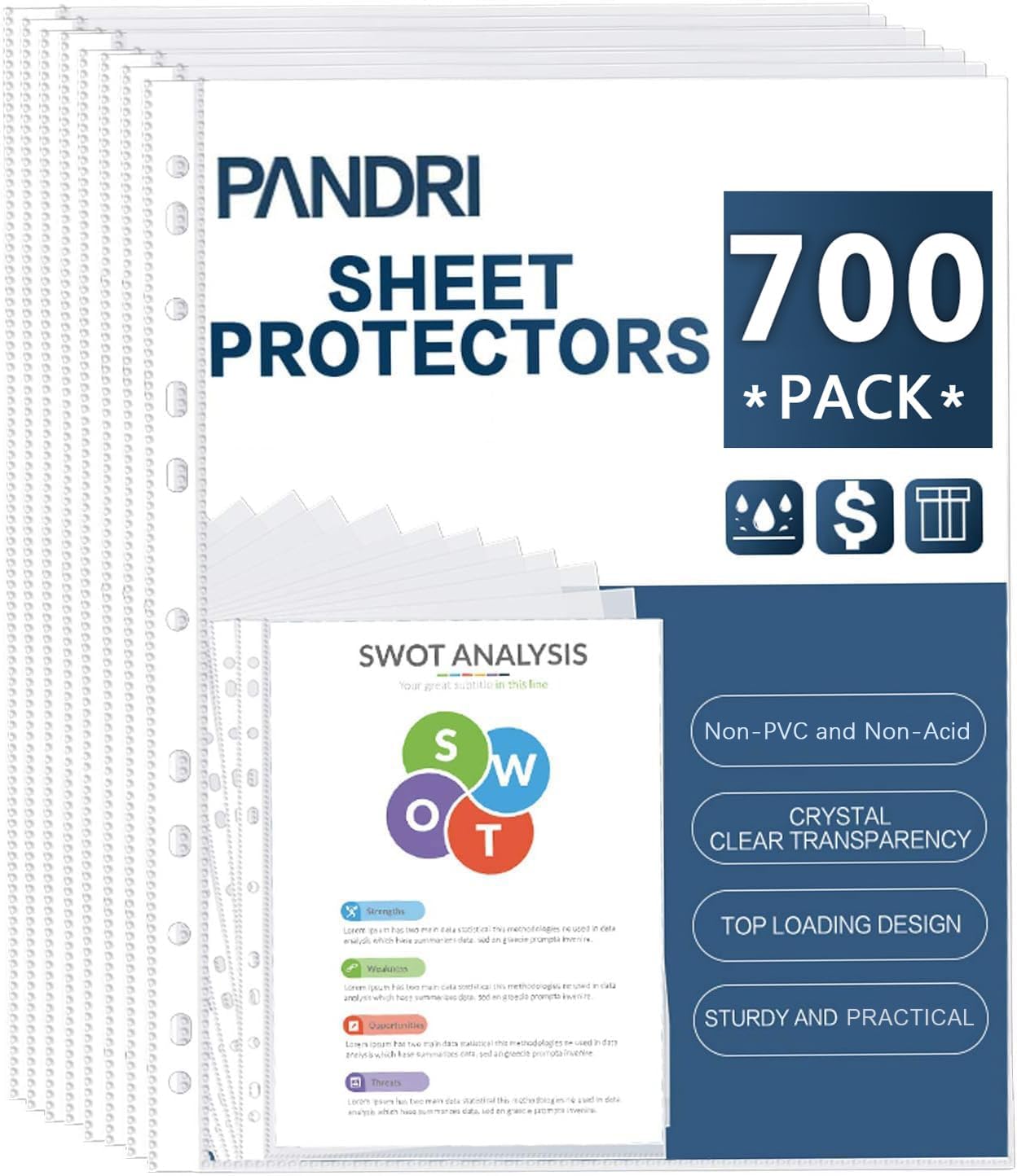 Detalle de PANDRI 700-Pack Letter-Size Sheet Protectors, Clear PP, Reinforced 11-Hole